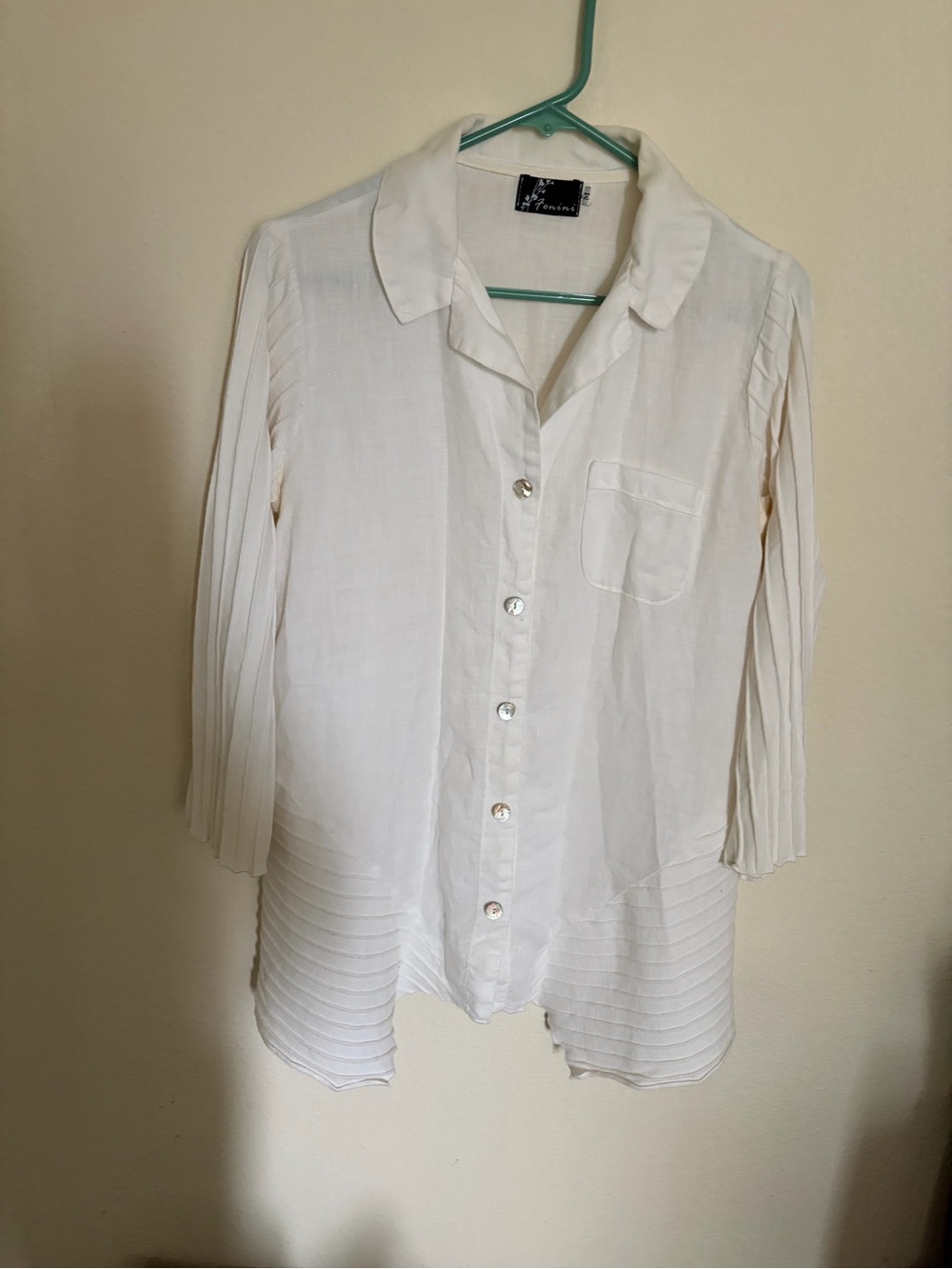 Fenini White 100% Linen Pleated Button Down Blouse Size M